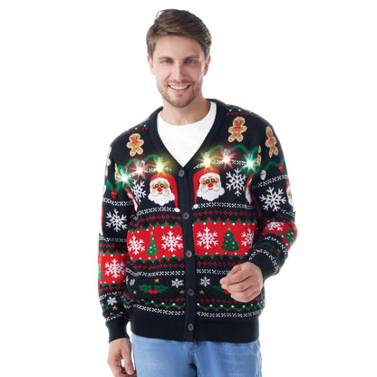 Giggling Getup Men_ Ugly Christmas Cardigan Sweaters Funny Light Up Ugly Sweater for Men Santa V-Neck Cardigan Sweater for Men Black