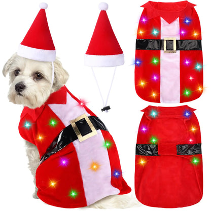 Cosblank Dog Christmas Costumes with Colored Lights and Christmas Hat Santa Claus Suit Dog Costume Pet Cat Christmas Outfit for Puppy Pet Christmas Dress Up Holiday Party Batteries Not Included(M)
