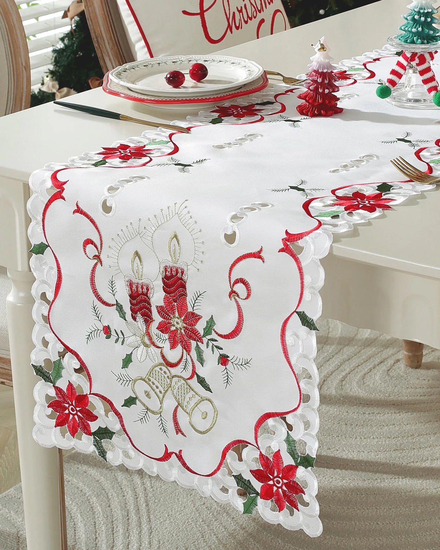 Christmas Table Runner with Embroidered Holly Leaves