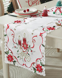 Christmas Table Runner with Embroidered Holly Leaves