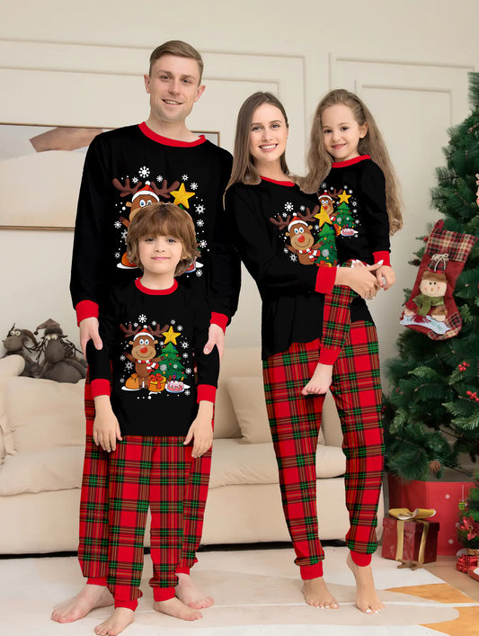 Cartoon Reindeer Christmas Family Pajama Set women men_ kid