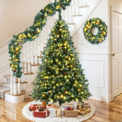 6ft Pre-Lit Dark Green Pine Christmas Tree Set garland