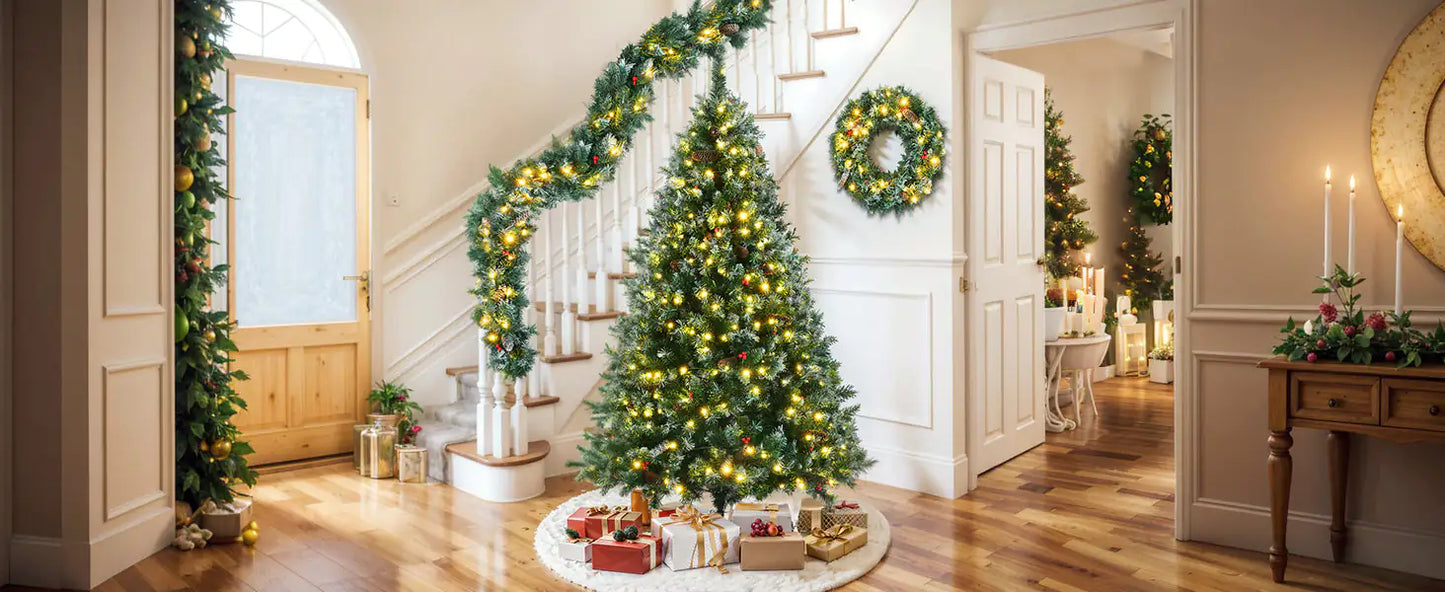 6ft Pre-Lit Dark Green Pine Christmas Tree Set garland