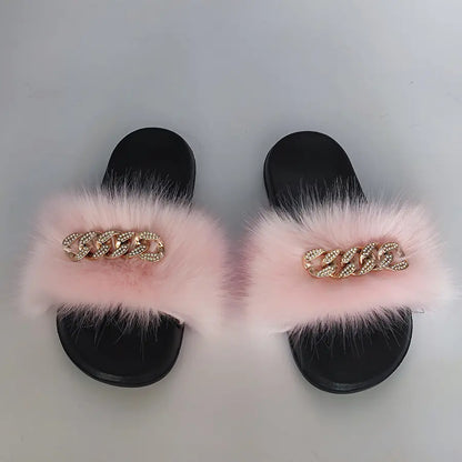 Plush Imitation Fox Fur Flip Flops Fashion Slippers women