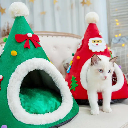 Warm Cat Nest in Christmas Hat Shape for Winter
