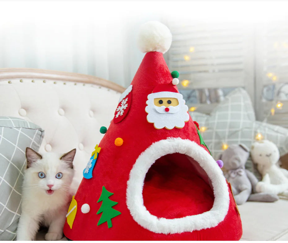 Warm Cat Nest in Christmas Hat Shape for Winter
