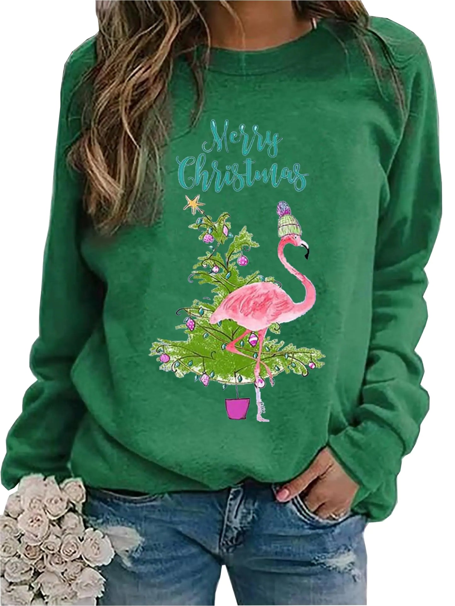 Flamingo Christmas Tree Women's Sweatshirt - Green, Large